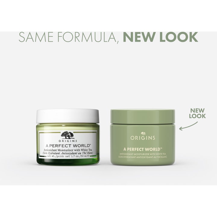 Origins A Perfect World 50 ml antioksidanttinen päivävoide esittelee uuden vihreän pakkauksen vanhan rinnalla.