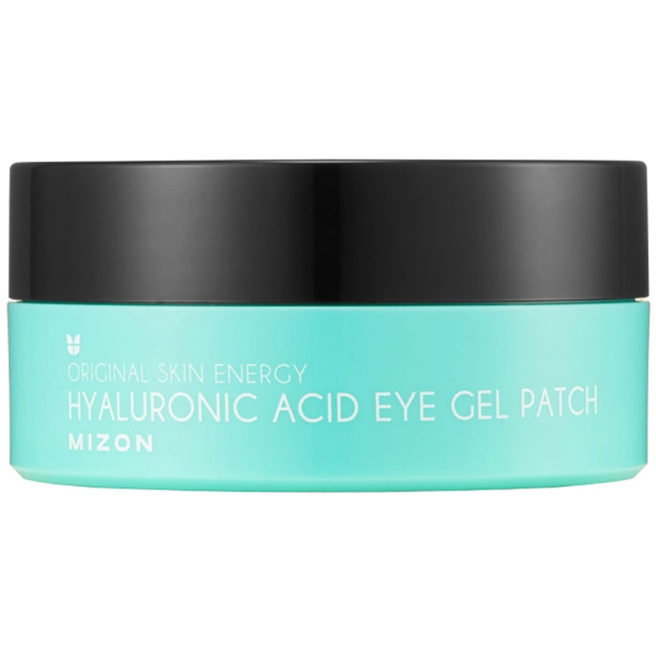 Mizon Hyaluronic Acid Eye Gel Patch kosteuttava silmänympärysnaamio turkoosissa muovipurkissa mustalla kannella.