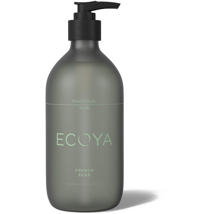 Ecoya French Pear Hand & Body Wash 450 ml puhdistava saippua harmaassa huurretussa pullossa mustalla pumpulla