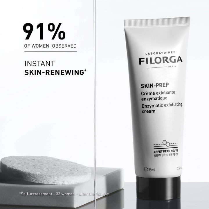 Filorga Skin-Prep Enzymatic Exfoliating Cream 75 ml kirkastava kuorintavoide valkoisessa tuubissa ja teksti 91%.