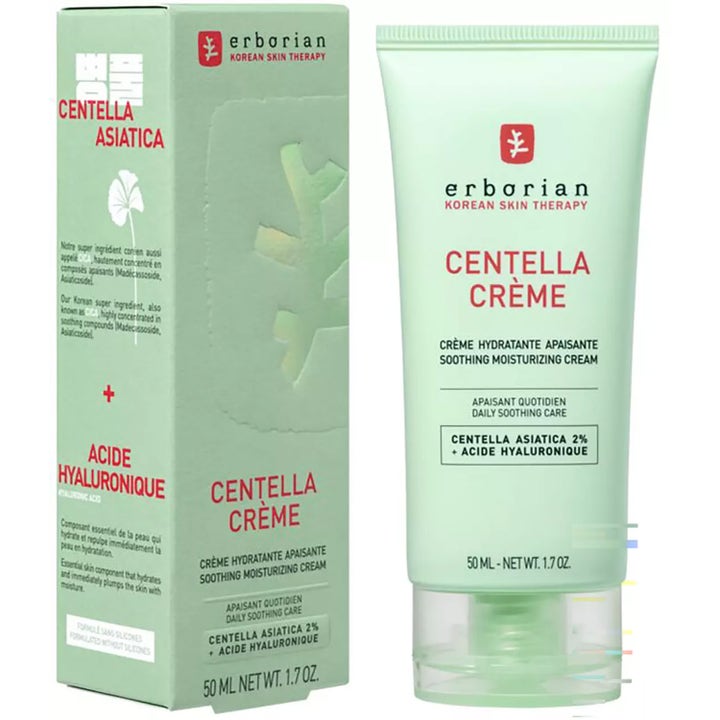 Erborian Centella Creme 50 ml rauhoittava päivävoide vaaleanvihreässä tuubissa ja pakkauksessa hyaluronihapolla.