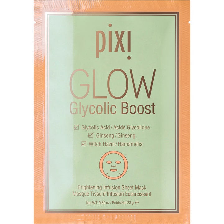 Pixi Glow Glycolic Boost 23 g kirkastava kangasnaamio heleyttää ihoa persikan ja mintunvihreässä pakkauksessa.