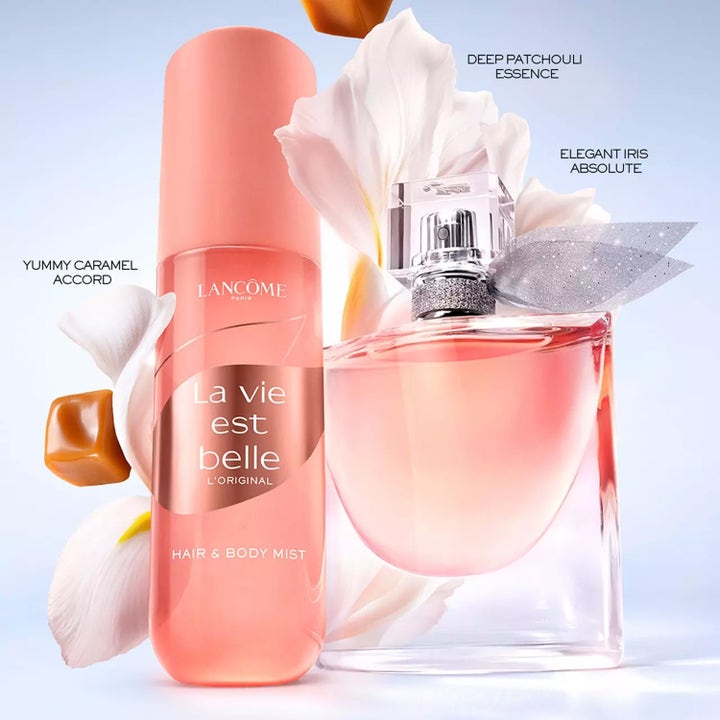 Lancôme La Vie est Belle 100 ml hius- ja vartalotuoksu vaaleanpunaisessa pullossa iiriksen ja karamellin kera.