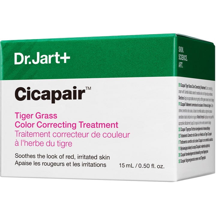 Dr.Jart+ Cicapair Tiger Grass Color Correcting Treatment 15 ml rauhoittava voide vihreävalkoisessa ulkopakkauksessa.