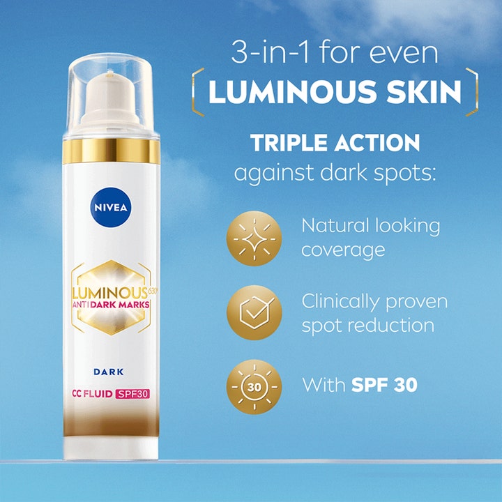 NIVEA Luminous 630 Anti Dark-Spot CC Fluid 40 ml tasoittaa ihon sävyä ja häivyttää pigmenttiläiskiä SPF 30 suojalla.