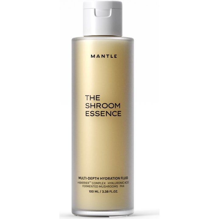 MANTLE The Shroom Essence 100 ml syväkosteuttava hoitoneste huurteisessa lasipullossa, jossa on valkoinen korkki.