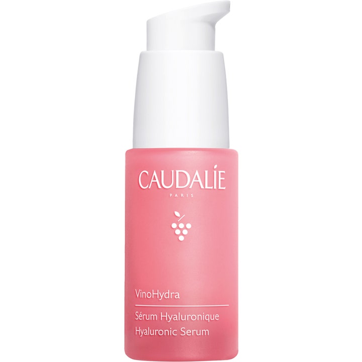 Caudalie VinoHydra Hyaluronic Serum 30 ml kosteuttava hyaluronihapposeerumi vaaleanpunaisessa pullossa valkoisella pumpulla
