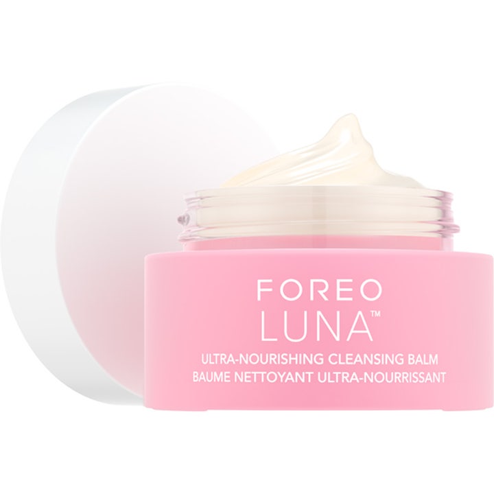 FOREO LUNA Ultra Nourishing Cleansing Balm 75 ml ravitseva puhdistusvoide vaaleanpunaisessa purkissa täyteläinen koostumus