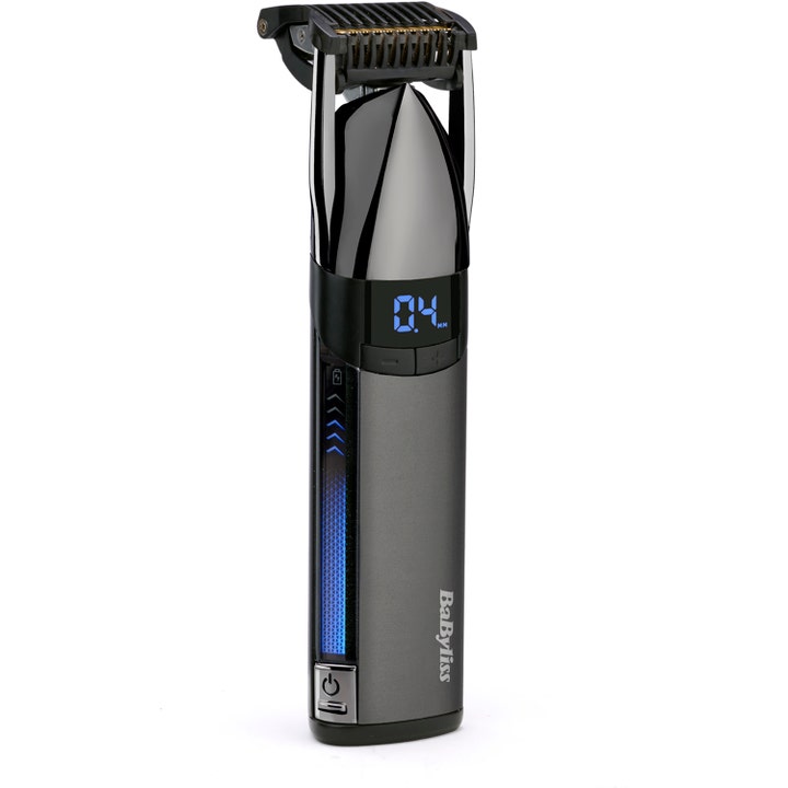 BaByliss partatrimmeri tarkkaan muotoiluun harmaa laite digitaalisella pituuden näytöllä ja sinisellä valolla.