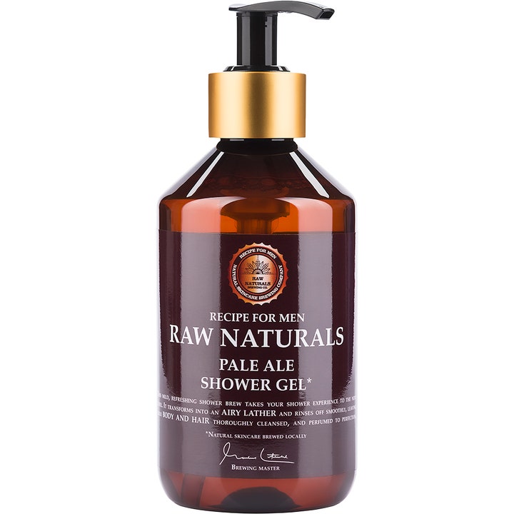 Raw Naturals Pale Ale Shower Gel 300 ml puhdistava suihkugeeli ruskeassa muovipullossa kultaisella kauluksella ja pumpulla