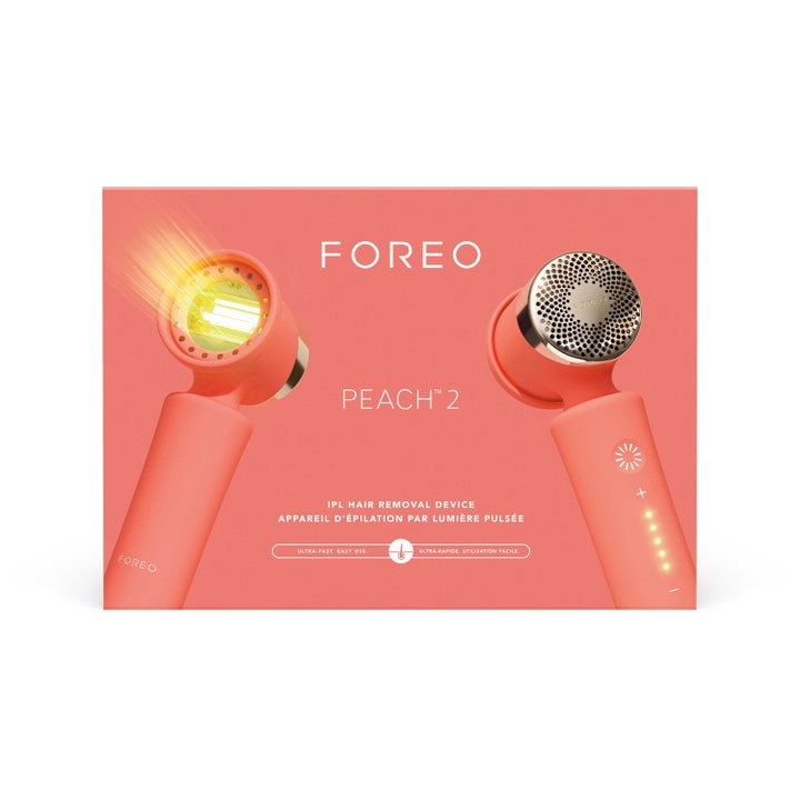 FOREO PEACH 2 Peach IPL-karvanpoistolaite sileälle iholle persikanvärisessä pakkauksessa, jossa laitteen kuva