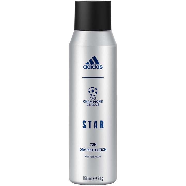 Adidas UEFA Champions League Star 150 ml 72h suojaa antava antiperspirantti hopeisessa pullossa mustalla korkilla