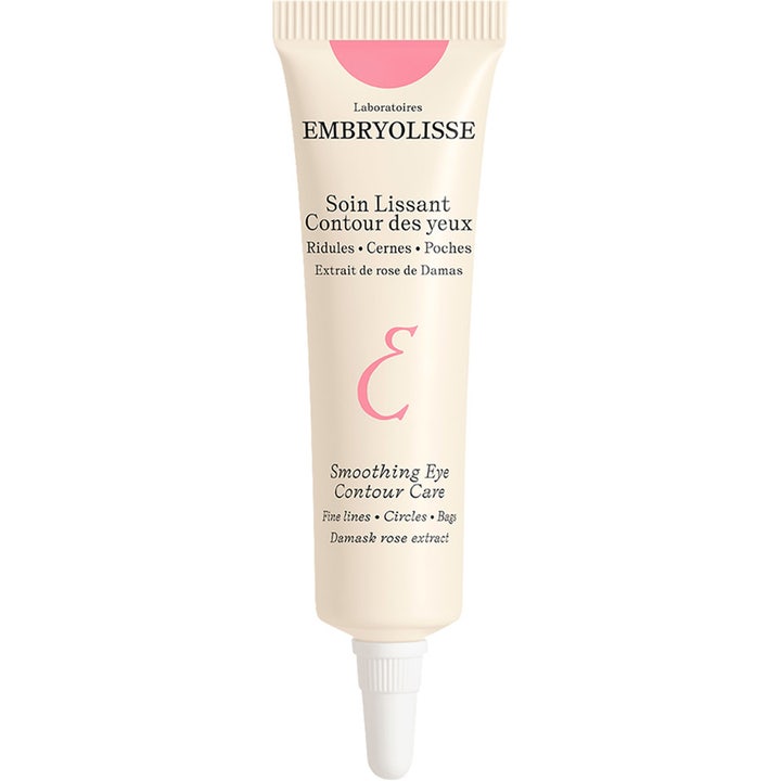 Embryolisse Smoothing Eye Contour Care silottava silmänympärysvoide juonteille vaaleassa tuubissa vaaleanpunaisella kuviolla.