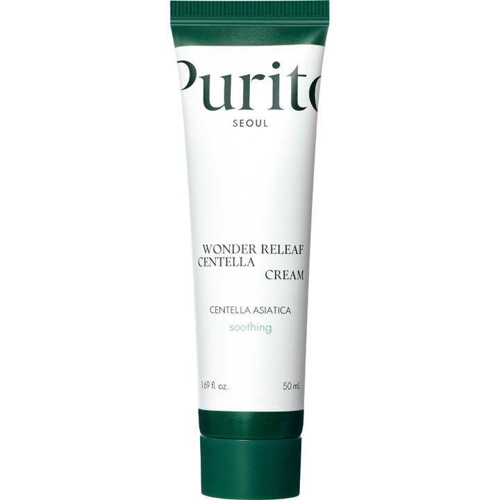 Purito Seoul Wonder Releaf Centella Cream 50 ml rauhoittava kasvovoide valkoisessa tuubissa vihreällä korkilla.