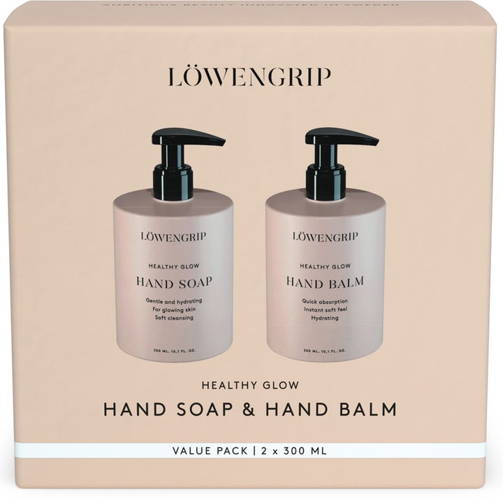 Löwengrip Healthy Glow Hand Soap & Hand Balm 2 x 300 ml kosteuttava lahjapakkaus sisältää kaksi vaaleaa pumppupulloa.