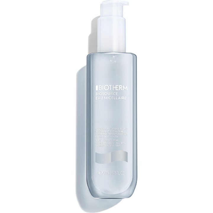 Biotherm Biosource Eau Micellaire 200 ml puhdistava misellivesi läpinäkyvässä pullossa valkoisella pumpulla.