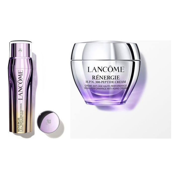 Lancôme Rénergie H.P.N. 300-Peptide Cream kiinteyttävä voide hopeassa purkissa ja seerumi liilassa metallipullossa