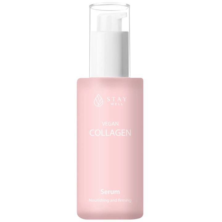 Stay Well Vegan Collagen Serum ravitseva ja kiinteyttävä seerumi vaaleanpunaisessa huurteisessa pumppupullossa