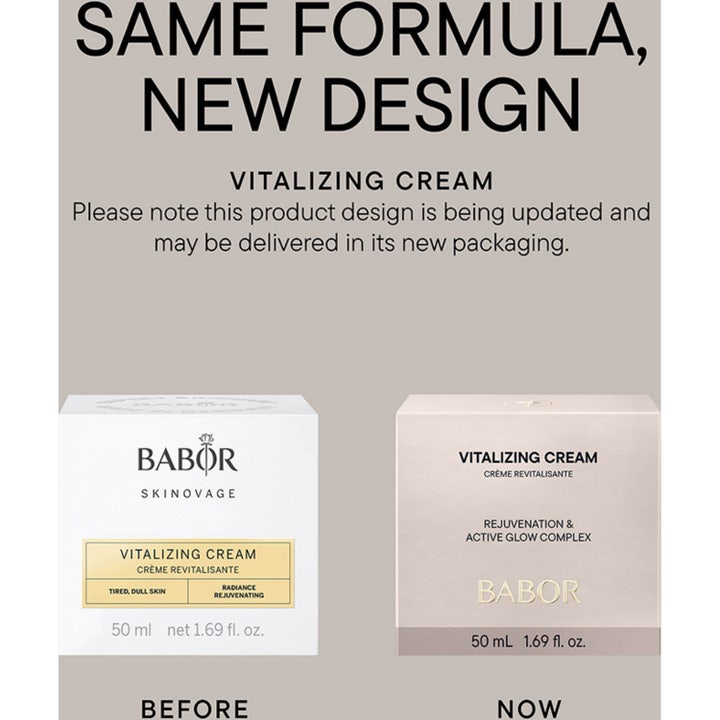 Babor Skinovage Vitalizing Cream 50 ml elvyttävä kasvovoide lasipurkissa osana tuotesarjaa keltaisten maljakoiden kera.