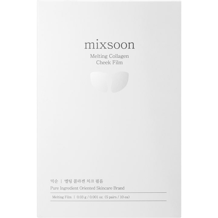 Mixsoon Melting Collagen Cheek Film 5 paria silottava kollageeninaamio poskille valkoisessa litteässä pakkauksessa.