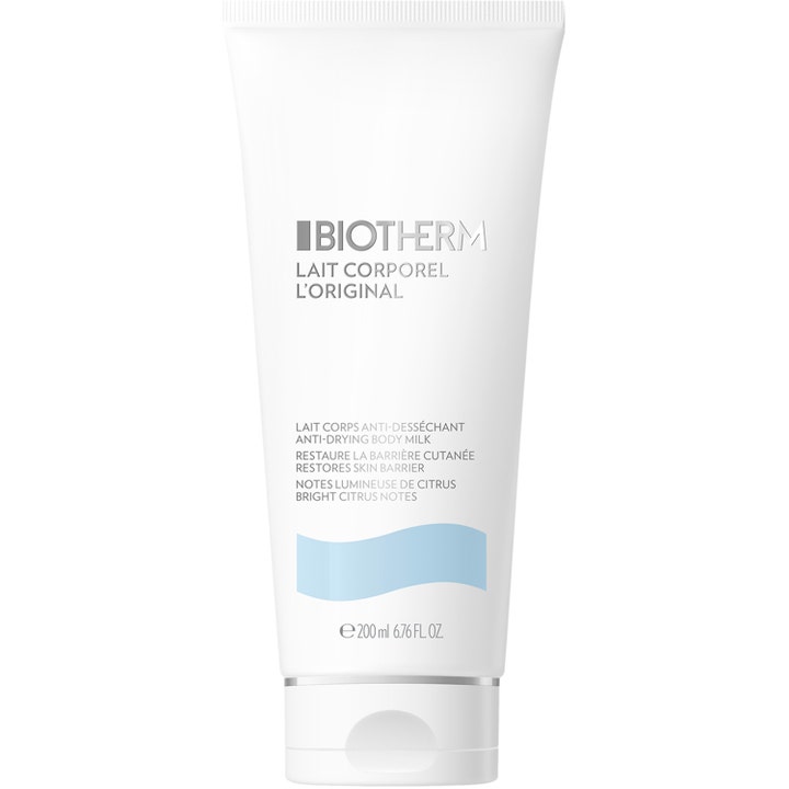 Biotherm Lait Corporel L'Original 200 ml kosteuttava vartalomaito valkoisessa tuubissa, jossa on sininen aalto.