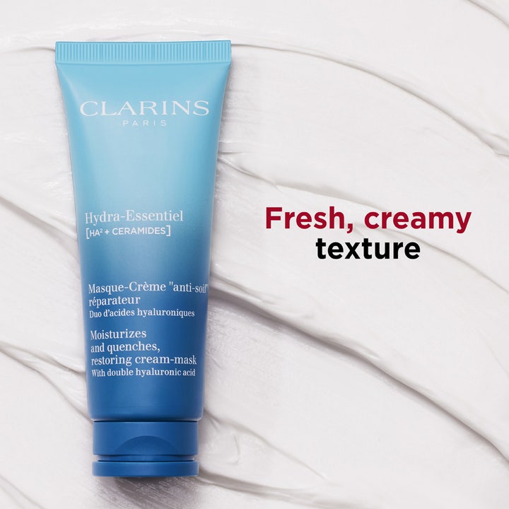 Clarins Hydra-Essentiel 75 ml kosteuttava kasvonaamio sinisessä tuubissa, jossa on raikas ja voidemainen koostumus.
