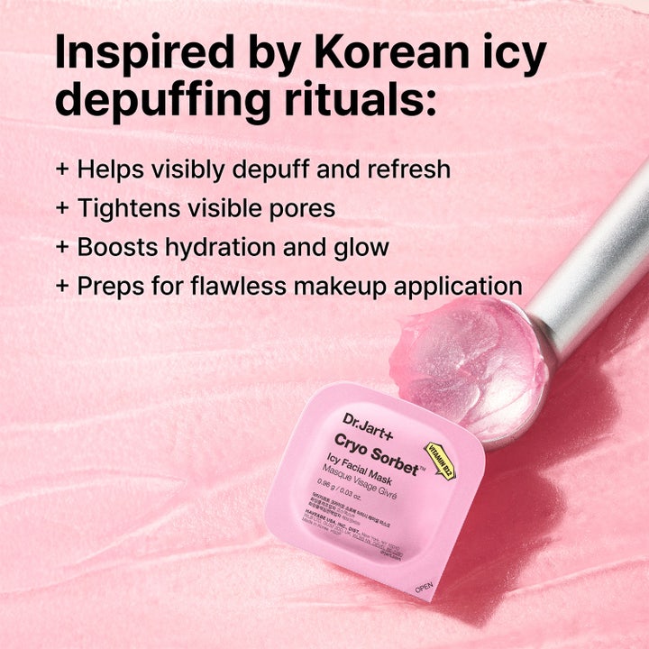 Dr.Jart+ Cryo Sorbet Icy Facial Mask 3 g viilentävä naamio laskee turvotusta ja heleyttää vaaleanpunaisella koostumuksella.