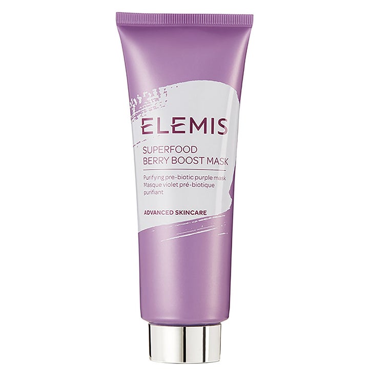 Elemis Superfood Berry Boost Mask syväpuhdistava prebioottinen kasvonaamio liilassa tuubissa jossa on hopeinen korkki