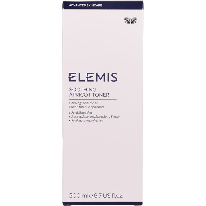 Elemis Soothing Apricot Toner 200 ml rauhoittava kasvovesi valkoisessa pakkauksessa tummansinisellä tekstillä