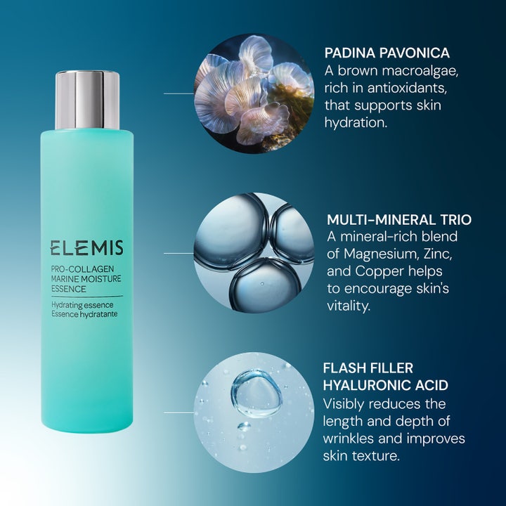 Elemis Pro-Collagen Marine Moisture Essence 100 ml hoitoneste turkoosissa pullossa sisältää hyaluronihappoa ja levää.