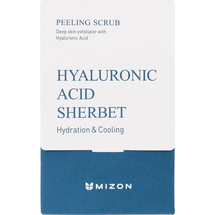 Mizon Hyaluronic Sherbet Peeling Scrub 5 g kosteuttava ja viilentävä kasvokuorinta valko-sinisessä pakkauksessa