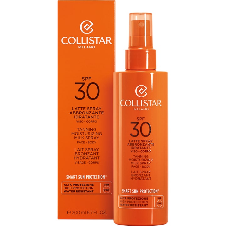 Collistar Tanning Moisturizing Milk Spray SPF30 200 ml suojaava aurinkosuihke oranssissa pullossa ja pakkauksessa.