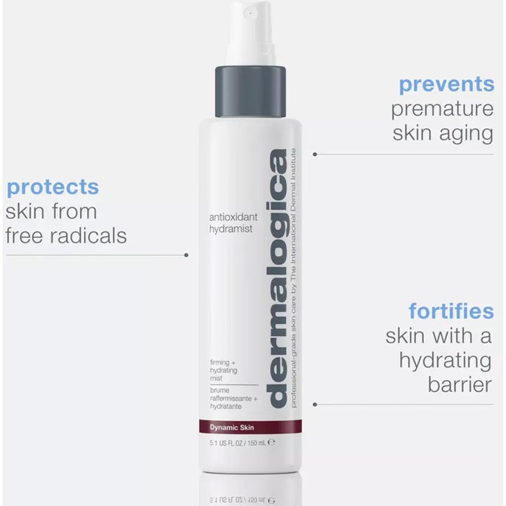 Dermalogica AGE smart Antioxidant Hydramist 150 ml on ihoa suojaava kasvosuihke valkoisessa pullossa hopeakauluksella.
