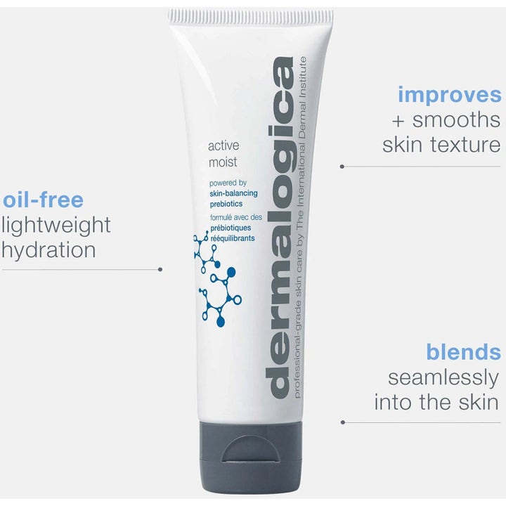 Dermalogica Active Moist öljytön kosteusvoide valkoisessa tuubissa silottaa ja tasoittaa ihon pintaa.