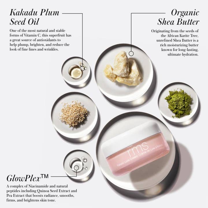 RMS Beauty Kakadu Luxe Cream 50 ml kirkastava kasvovoide sisältää karitevoita ja GlowPlex-yhdistettä.