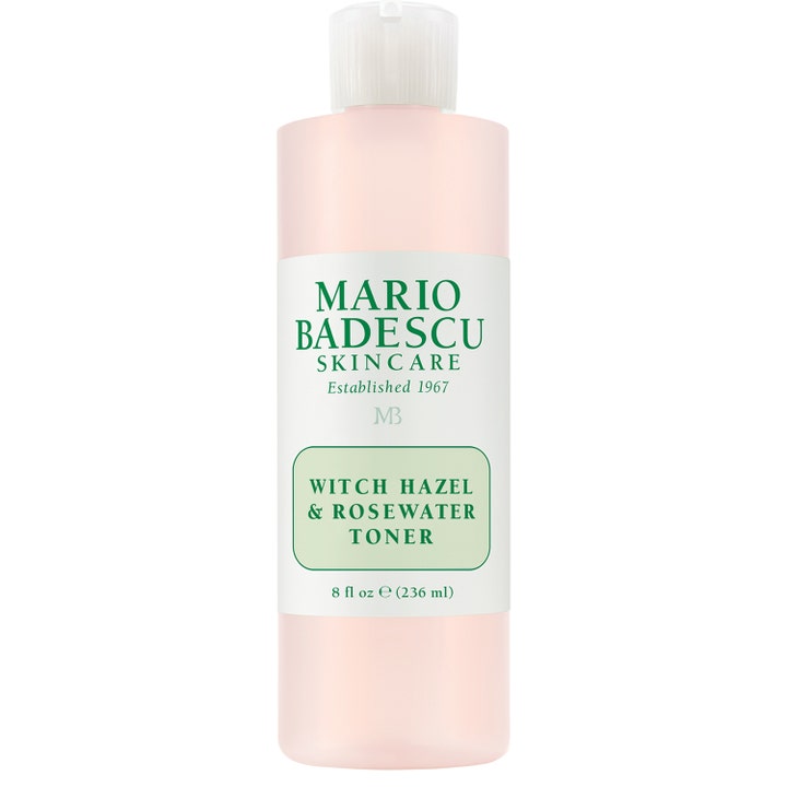 Mario Badescu Witch Hazel & Rosewater Toner 236 ml rauhoittava kasvovesi vaaleanpunaisessa pullossa.