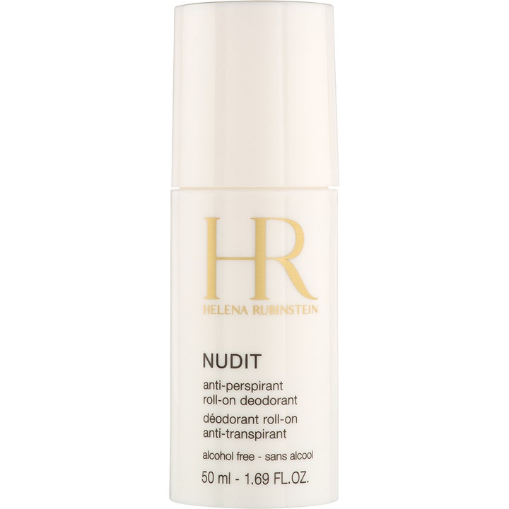 Helena Rubinstein Nudit 50 ml roll-on-deodorantti on alkoholiton ja pakattu valkoiseen pulloon, jossa on kultainen logo.