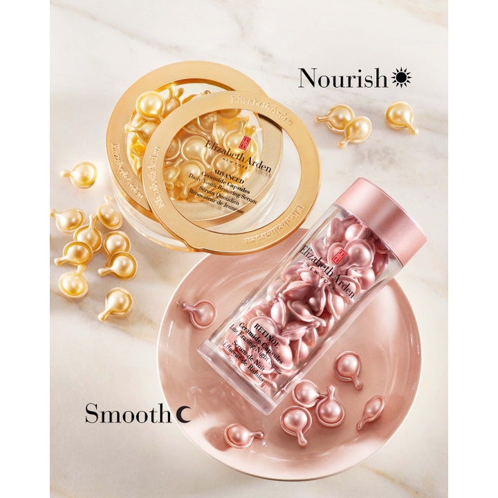 Elizabeth Arden Advanced Ceramide 60 kpl elvyttävä seerumi kultaisina ja vaaleanpunaisina kapseleina rasioissa.