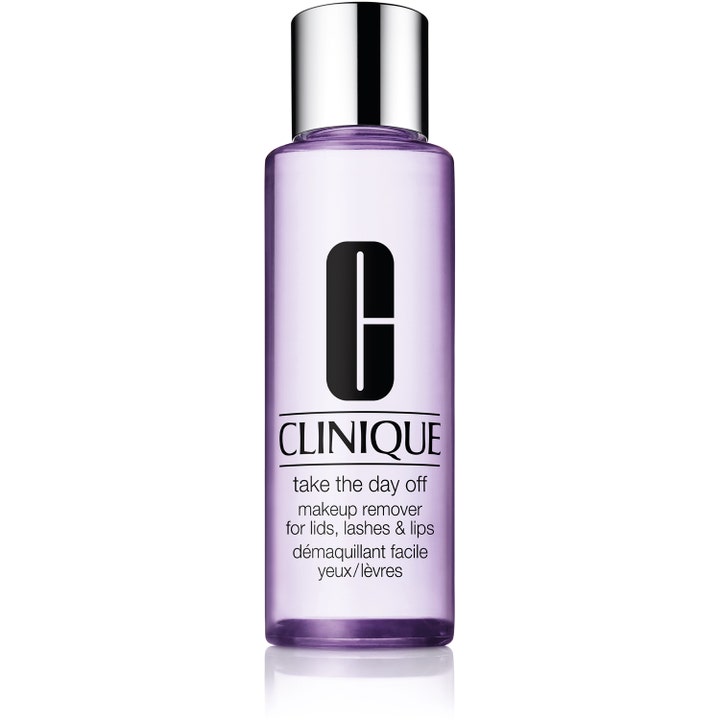 Clinique Take The Day Off Makeup Remover puhdistava meikinpoistoaine purppurassa pullossa hopeisella korkilla