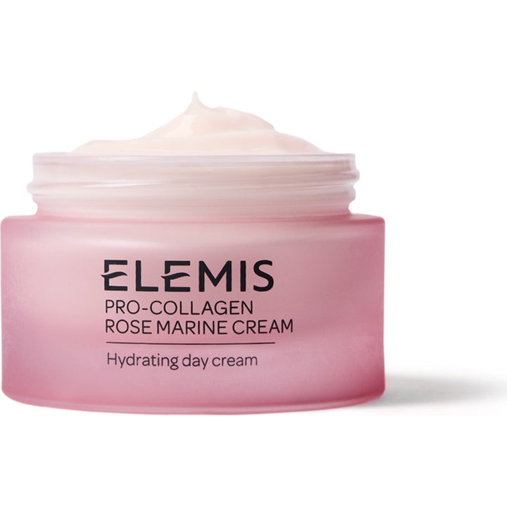 Elemis Pro-Collagen Rose Marine Cream 50 ml kosteuttava päivävoide vaaleanpunaisessa huurteisessa lasipurkissa avattuna.