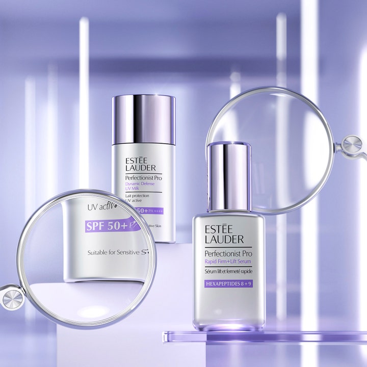 Estée Lauder Perfectionist Pro Rapid Firm + Lift Serum 30 ml kiinteyttävä seerumi hopeisessa pullossa liilalla taustalla