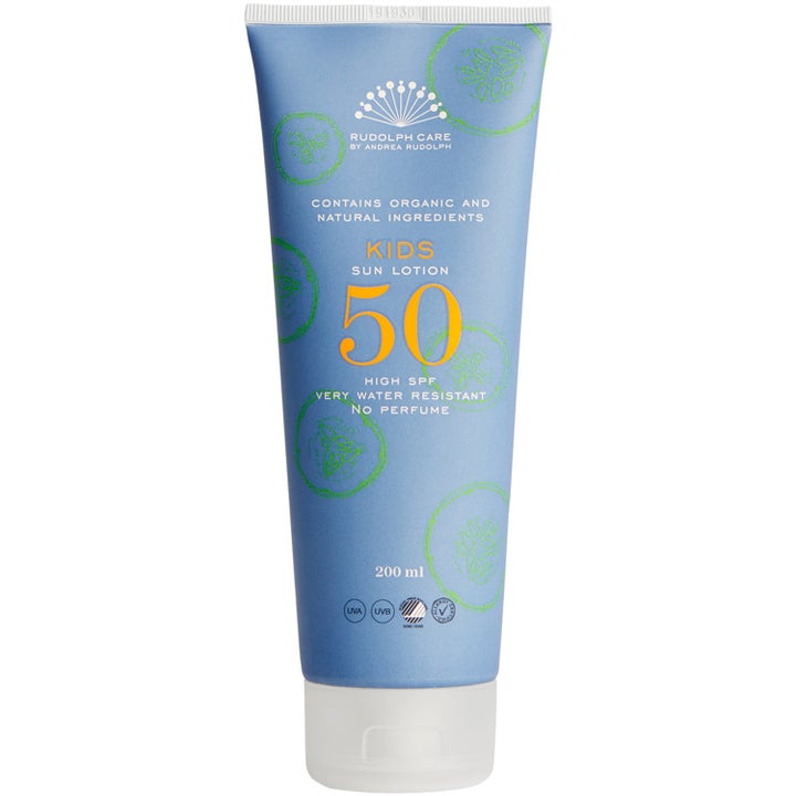 Rudolph Care Kids Sun Lotion 200 ml aurinkovoide lapsille sinisessä tuubissa, jossa on vihreitä kuvioita.