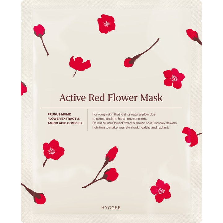 HYGGEE Active Red Flower Mask hehkua antava kangasnaamio kermanvaaleassa pakkauksessa punaisilla kukkakuvioilla