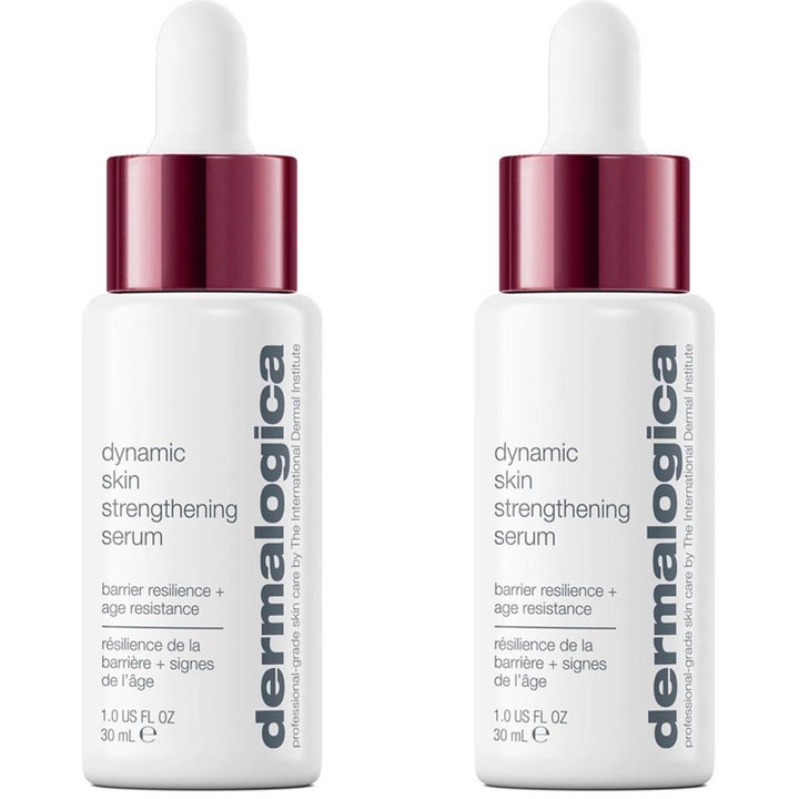 Dermalogica Dynamic Skin Strengthening Serum 30 ml vahvistava seerumi valkoisissa pulloissa joissa on viininpunainen pipetti.