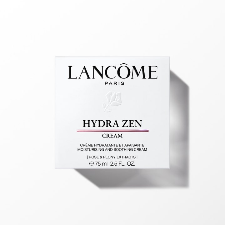 Lancôme Hydra Zen 75 ml kosteuttava päivävoide tyylikkäässä valkoisessa pahvipakkauksessa ruusu-uutteella