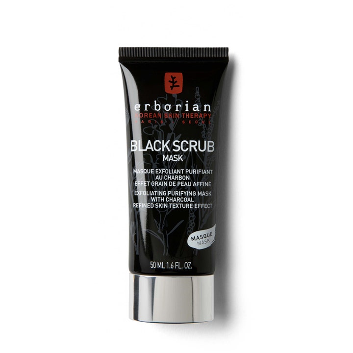 Erborian Black Scrub Mask 50 ml puhdistava ja kuoriva hiilinaamio mustassa tuubissa jossa on hopeinen korkki.