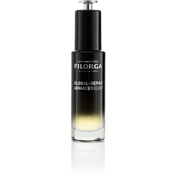 Filorga Global-Repair Advanced Elixir 30 ml uudistava seerumi mustassa lasipullossa hopeisella pumpulla.