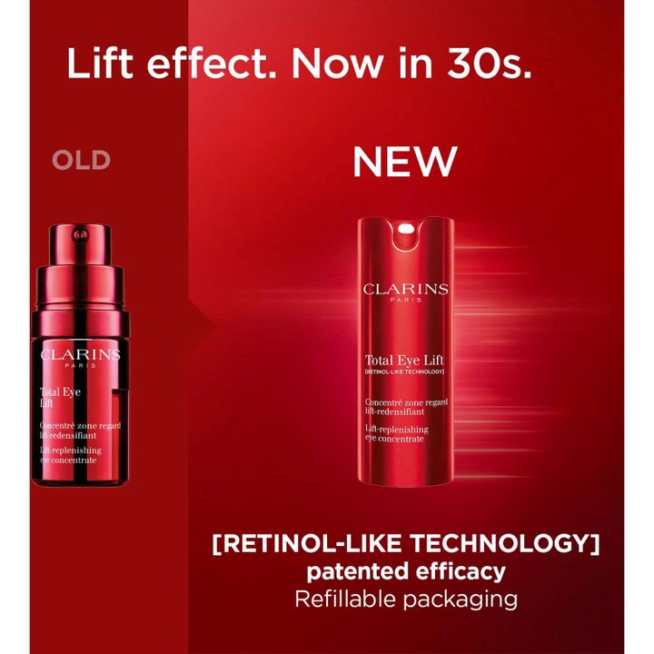 Clarins Total Eye Lift 15 ml silmänympärysvoide punaisessa uudelleentäytettävässä pumppupullossa