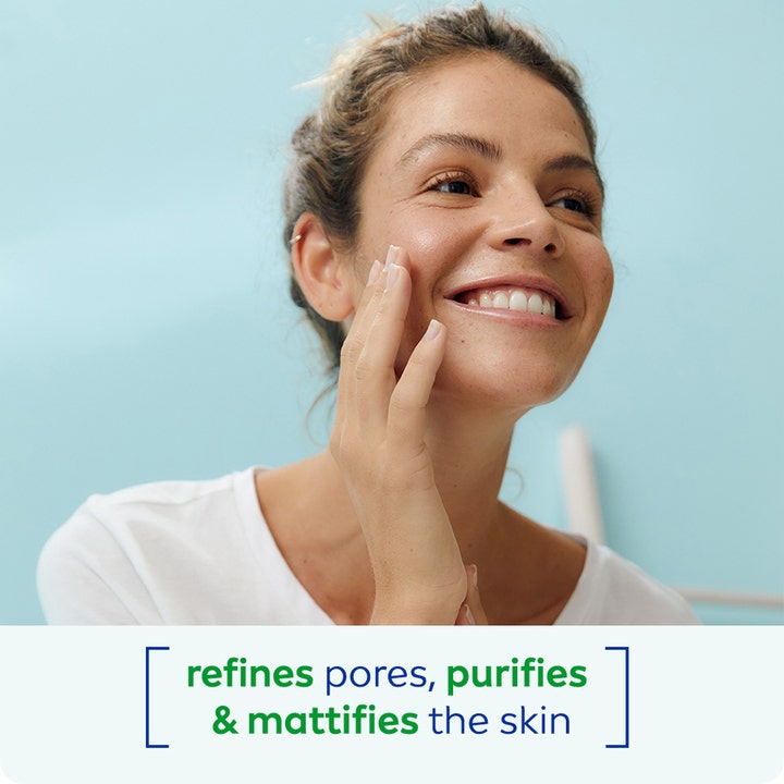 Nivea Wash Gel Purifying 150 ml puhdistusgeeli, hymyilevä nainen ja teksti refines pores, purifies & mattifies the skin