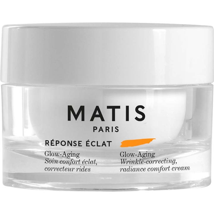 Matis Réponse Éclat Glow-Aging Cream heleyttävä ja ryppyjä silottava kasvovoide kirkkaassa lasipurkissa valkoisella kannella.